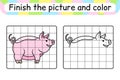 Complete the picture pig. Copy the picture and color. Finish the image. Coloring book. Educational drawing exercise game for