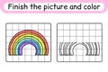 Complete the picture rainbow. Copy the picture and color. Finish the image. Coloring book. Educational drawing exercise game for