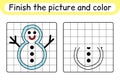 Complete the picture snowman. Copy the picture and color. Finish the image. Coloring book. Educational drawing exercise game for