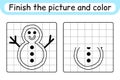 Complete the picture snowman. Copy the picture and color. Finish the image. Coloring book. Educational drawing exercise game for