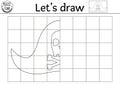 Complete the pirate hat picture. Vector pirate symmetrical drawing practice worksheet. Printable black and white activity for