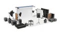 Complete Professional Photography Studio Setup with Stools, Lights, Backdrop, Reflectors and Cases on White Background Royalty Free Stock Photo