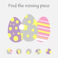 Complete the puzzle and find the missing piece, fun education easter game for children, preschool worksheet activity for kids,