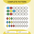 Complete repeating patterns. Worksheet for preschool kids. Practicing motor skills, improving skills tasks. Complete the
