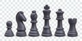 Complete set of black chess pieces lined up in row. Isolated vector game objects