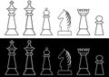 Complete set of black and white chess pieces, king and queen, rook, bishop, knight, pawn, outline design