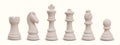 Complete set of chess pieces lined up in row. Realistic rook, knight, king, queen, knight, pawn