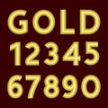 A complete set of numbers made from gold thick wire with a matte surface. Font is isolated by a velvety dark crimson background.