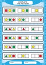 Complete simple repeating patterns. Worksheet for preschool kids. Practicing motor skills, improving skills tasks