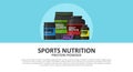 Complete sports nutrition banner with place for text. Nutritional supplements whey protein product brand. Fitness and