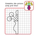 Educational game for kids. Simple exercise. Flower vase. Drawing using grid. Symmetrical drawing.