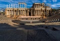 Complete view from below of the floor of the Roman Theater of Merida with the scaffolding, spotlights, stage and chairs placed Royalty Free Stock Photo