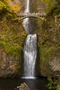 Complete view of both tiers of the Multnomah waterfall and the bridge between them located in the Columbia River Gorge