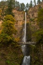 Complete view of both tiers of the Multnomah waterfall and the bridge between them located in the Columbia River Gorge