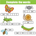 Complete the words children educational game. Insects theme Royalty Free Stock Photo