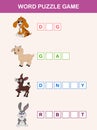 Complete the words children educational game. Learning farm animals theme and vocabulary