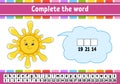 Complete the words. Cipher code. Learning vocabulary and numbers. Education worksheet. Activity page for study English. Isolated