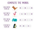 Complete The Words, Educational Game for Kids, Kangaroo, Flamingo, Elephant, Penguin Vector Illustration Royalty Free Stock Photo