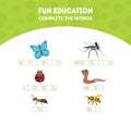 Complete the Words, Fun Educational Game for Preschool Kids, Butterfly, Mosquito, Ladybug, Worm, Ant, Bee Vector Royalty Free Stock Photo