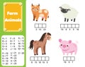 Complete the words using code. Children educational game. Learning farm animals, vocabulary and numbers for kids Royalty Free Stock Photo