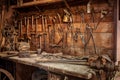 Complete workbench with a wall of tools in a workshop. Vintage look Royalty Free Stock Photo