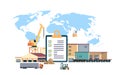 Completed checklist clipboard crane semi trailer warehouse forklift machinery blue world map background international Royalty Free Stock Photo