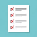 Completed checklist with red checkmarks on a white paper document against a blue background Royalty Free Stock Photo