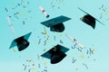 completed higher education. hats and master\'s diplomas flying with confetti. 3d render