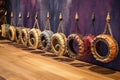 completed tambourines displayed in a row