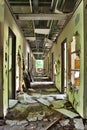 Completely destroyed hallway in abandoned building