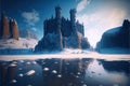 frozen old castle and cold winter landscape with icebergs around created by generative AI