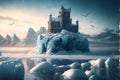 frozen old castle and cold winter landscape with icebergs around created by generative AI