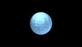 Completely frozen small polygonal planet floating over black background.