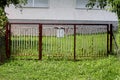 Completely rusted white old metal fence with closed doors and mounted mailbox surrounded with uncut grass and other plants