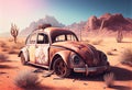 Completely rusted wrecked car in the desert hills of under a blue sky Royalty Free Stock Photo