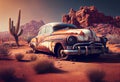 Completely rusted wrecked car in the desert hills of under a blue sky Royalty Free Stock Photo