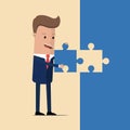 Completion mission concept. Businessman places the last piece of a puzzle. Vector illustration Royalty Free Stock Photo