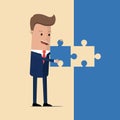 Completion mission concept. Businessman places the last piece of a puzzle.  Vector illustration Royalty Free Stock Photo