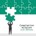 Completion mission concept. Businessman putting last puzzle in jigsaw. Successful implementation of plan. Vector illustration in Royalty Free Stock Photo