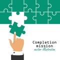 Completion mission concept. Businessman putting last puzzle in jigsaw. Successful implementation of plan. Vector illustration in