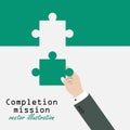 Completion mission concept. Businessman putting last puzzle in jigsaw. Successful implementation of plan. Vector illustration in