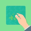 Completion mission concept with last puzzle. Businessman putting last puzzle in jigsaw. Business metaphor. Vector illustration fla