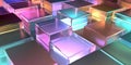 A complex abstract background with a geometric maze of floating transparent prisms, illuminated by