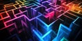 A complex abstract background with a geometric maze of floating transparent prisms, illuminated by