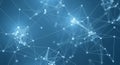 Abstract network of interconnected glowing blue dots and lines on a dark blue gradient background with soft light Royalty Free Stock Photo