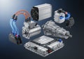 Complex arrangement of electric vehicle powertrain components displayed against a dark gradient Royalty Free Stock Photo