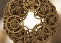 A complex arrangement of interlocking brass gears, featuring various sizes and intricate designs. Royalty Free Stock Photo
