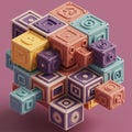 A complex arrangement of interlocking, colorful cubes, each featuring diverse