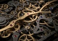 A complex arrangement of interlocking gears, blending metallic colors of gold, black, and silver, Royalty Free Stock Photo