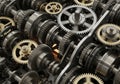 A complex arrangement of interlocking gears is depicted, showcasing a mechanical system with Royalty Free Stock Photo